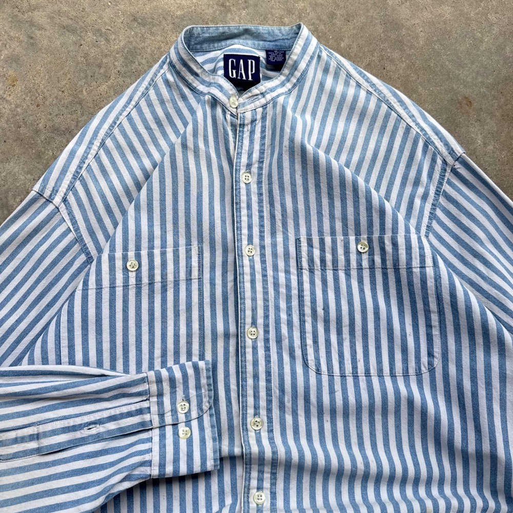 Vintage 90s Gap Grandad Collar Striped Shirt Blue White Medium k1